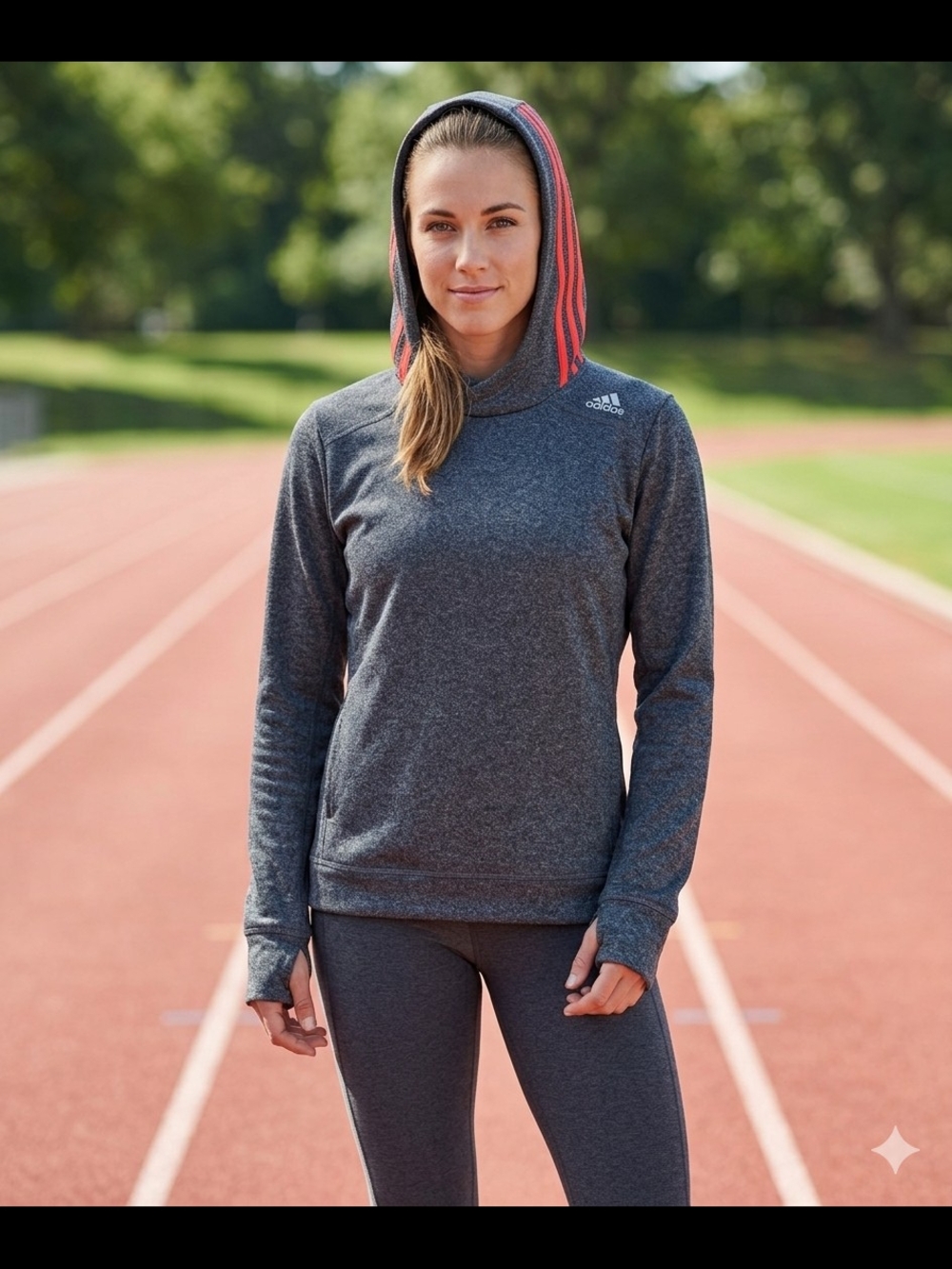 adidas Women’s Dark Gray Hoodie with Coral Hood Stripes.      HJ.  6